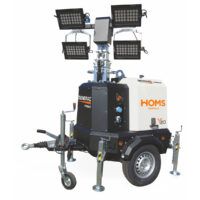 Torre de iluminación móvil monofásica con cuatro focos LED de alta eficiencia para obras y eventos.