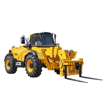 Manipulador telescópico JCB 535-125 HI-VIZ Loadall de 13 metros en obra, elevando materiales en un edificio en construcción.