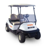 Carrito de golf eléctrico para transporte en backstage de conciertos.